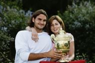 Roger Federer with his wife (then girlfriend) Mirka after winning the Wimbledon in 2003